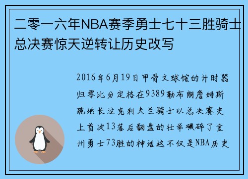 二零一六年NBA赛季勇士七十三胜骑士总决赛惊天逆转让历史改写